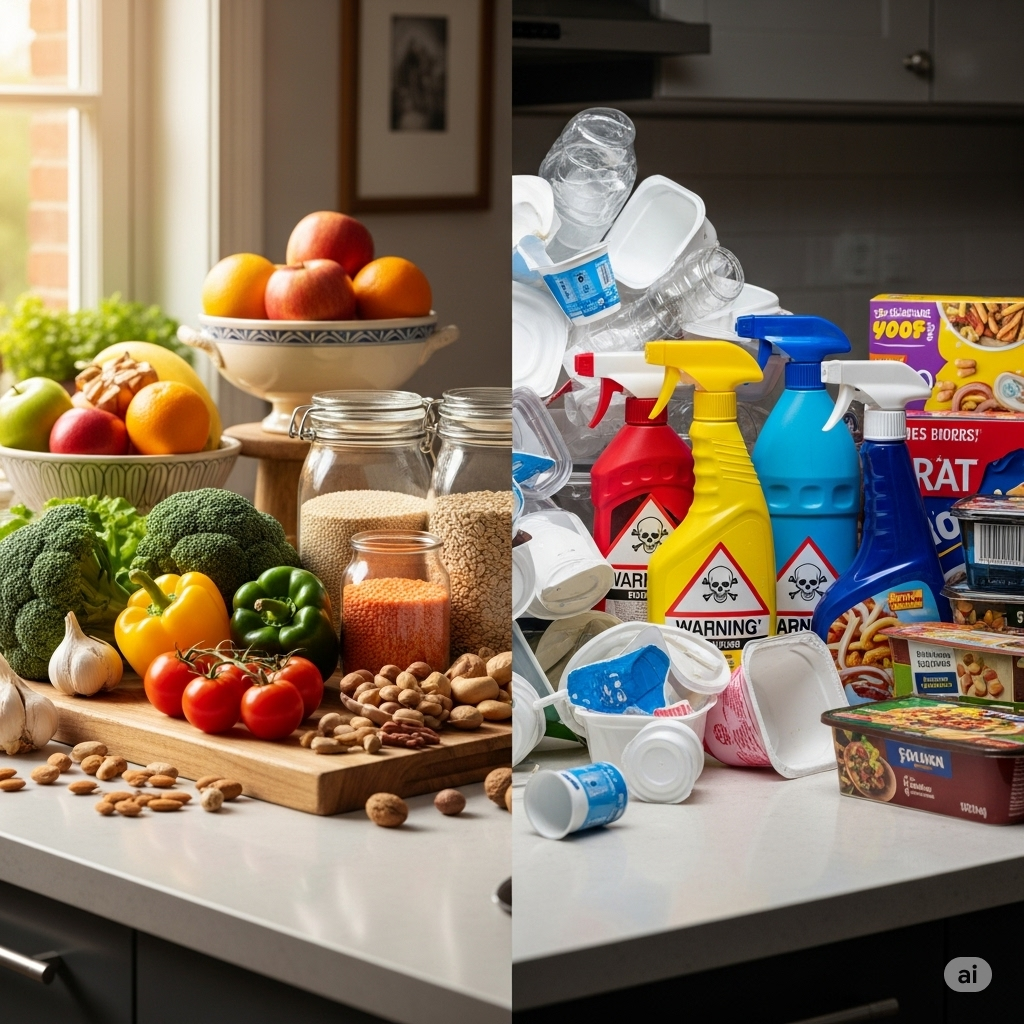 Hormonforstyrrende stoffer symboliseret ved en oversigt over frugt, grønt og nødder på venstre side og en masse plastbøtter på højre side.