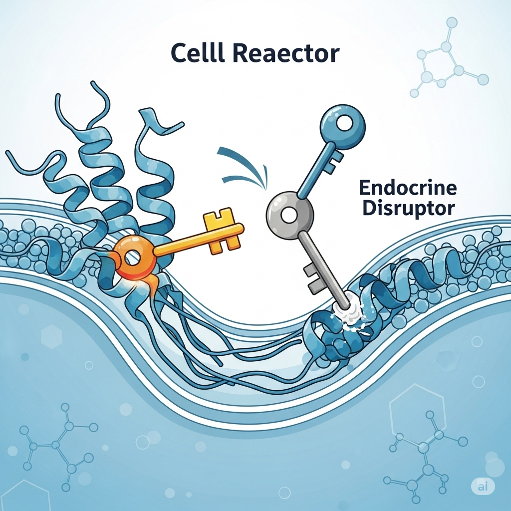 Hormonforstyrrende stoffer symboliseret ved en blå vævsstruktur i snit og nogle nøgler der laver problemer i overfladen for cellerne og DNA'et.