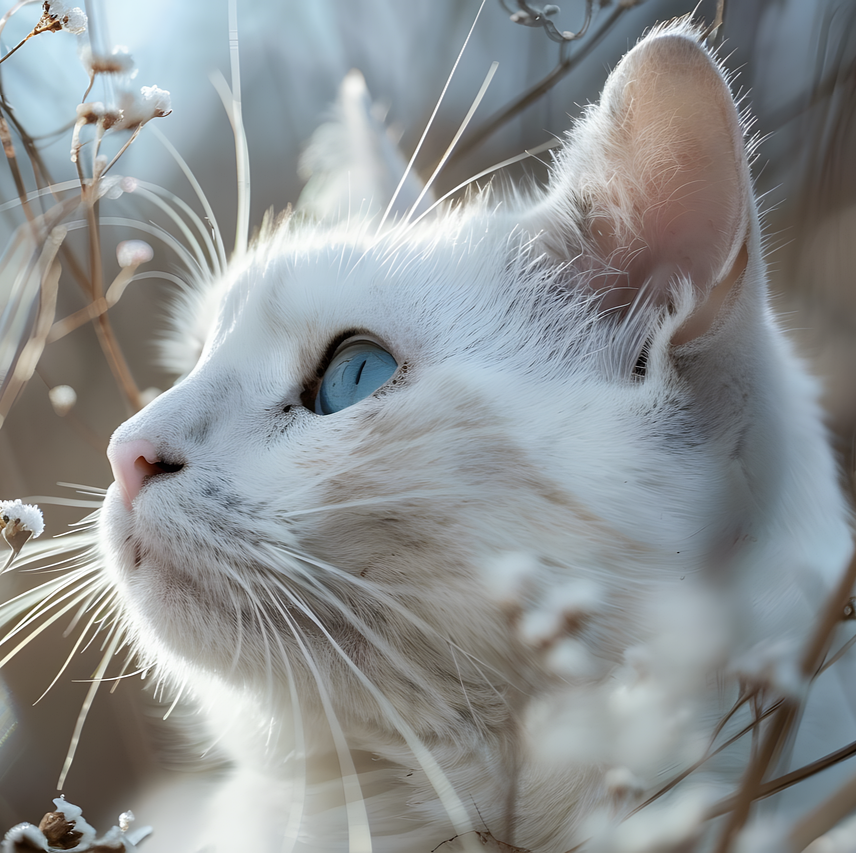 Kæledyr ved kræft symboliseret ved hovedet af en hvid kat, der kigger til siden.