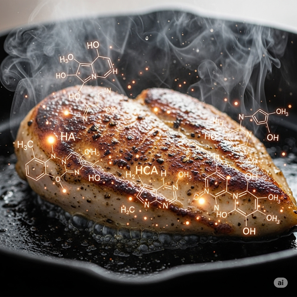 Kemi i kød symboliseret ved kyllingebryst der steges på pande