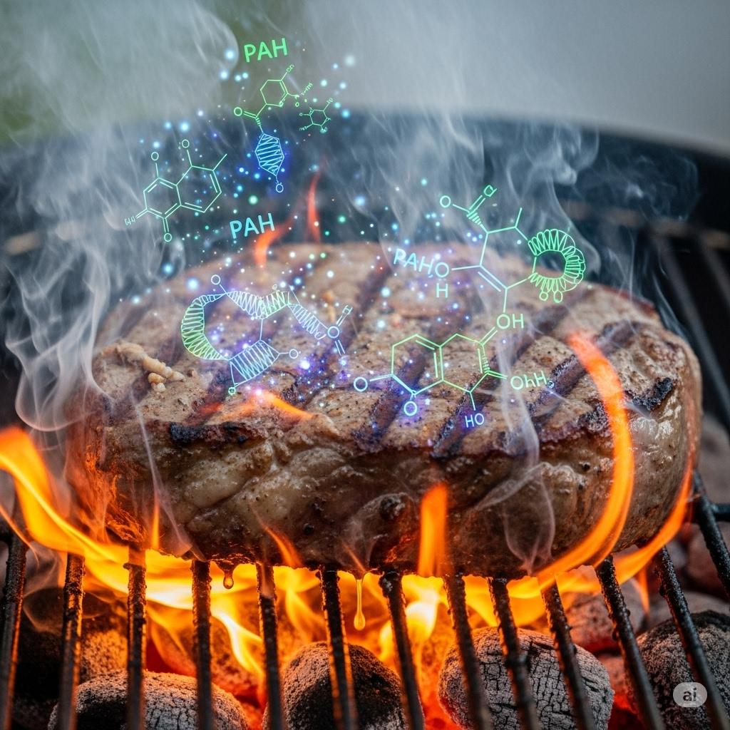 Kemi i kød symboliseret ved en bøf der steges på grill