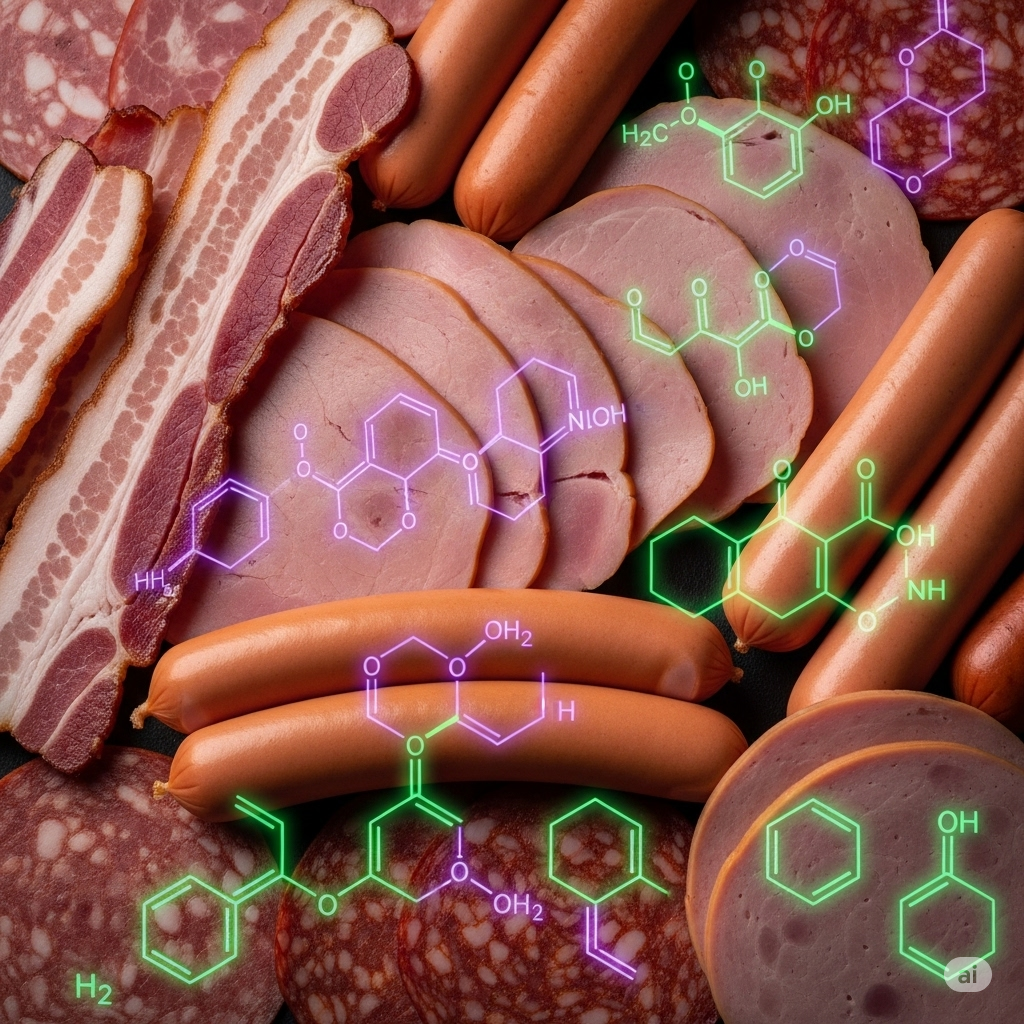 Kemi i kød symboliseret ved forskellige slags pølser og bacon.