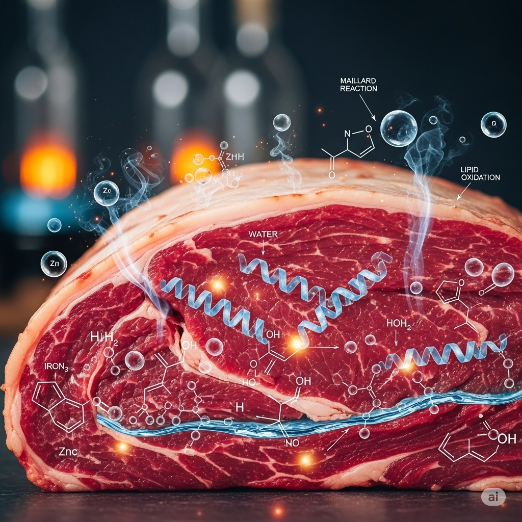 Kemi i kød symboliseret ved et stykke fersk kødudskæring med formler og dna-strenge omkring.