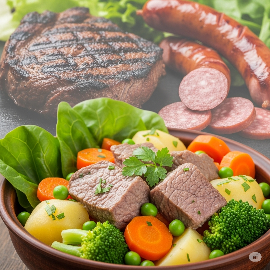 Kemi i kød symboliseret ved forskellige slags kød og grøntsager der ligger samlet.