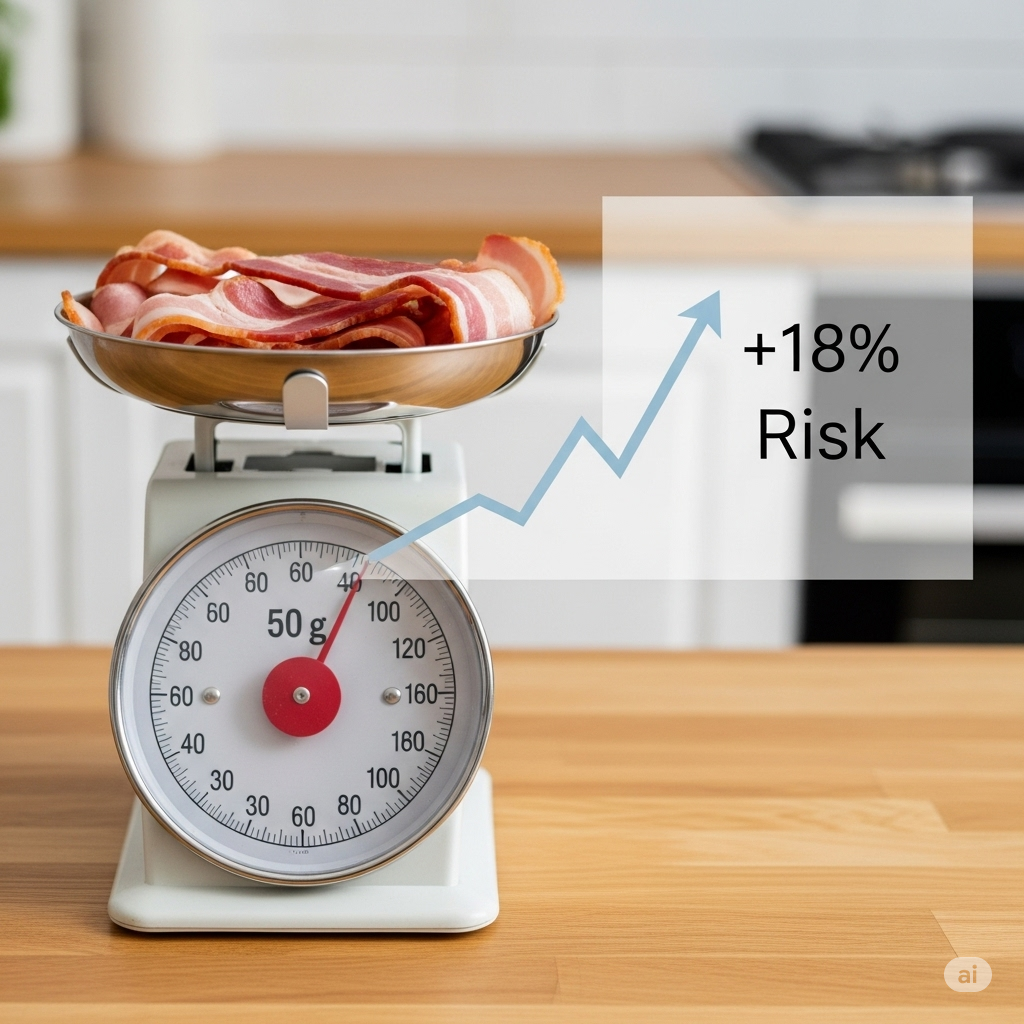 Kemi i kød symboliseret ved en vægt med noget fed bacon på vægtskålen