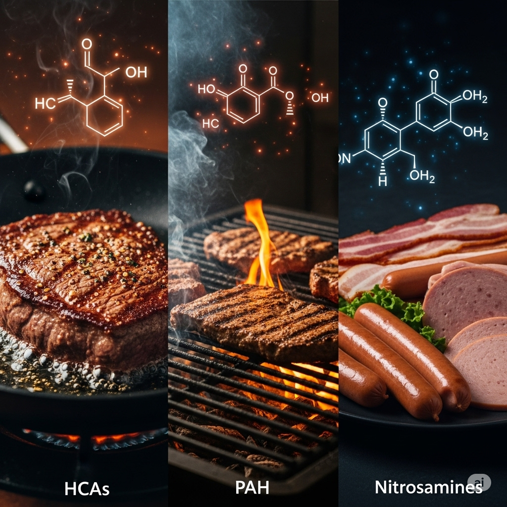 Kemi i kød symboliseret ved gril med bøf, pølser og over billederne kemiske molekylestrukturer.