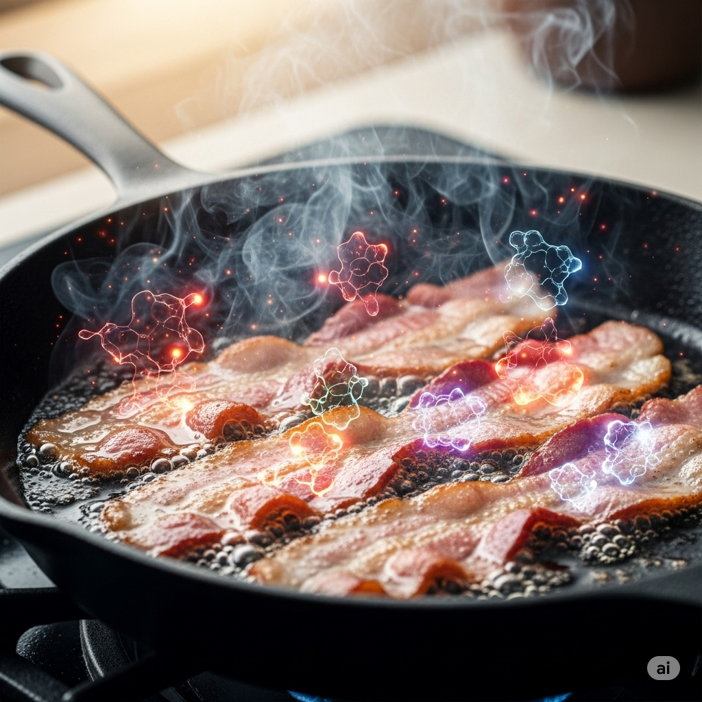 Kemi i kød symboliseret ved en pande med bacon der er ved at blive stegt.