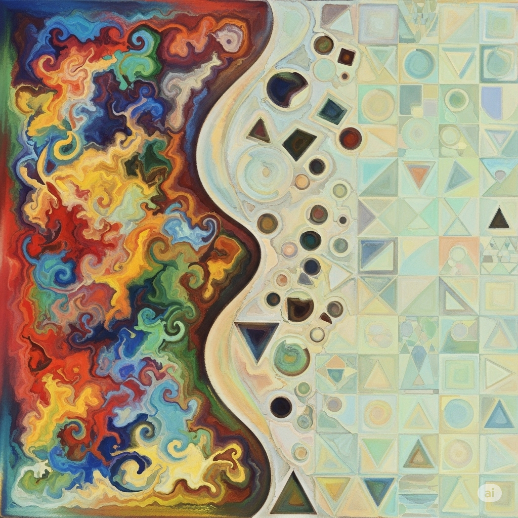 Kunstterapi symboliseret ved et bølget mønster lodret ned over siden. Venstre side med mange farver. Højre side i grå-beige.