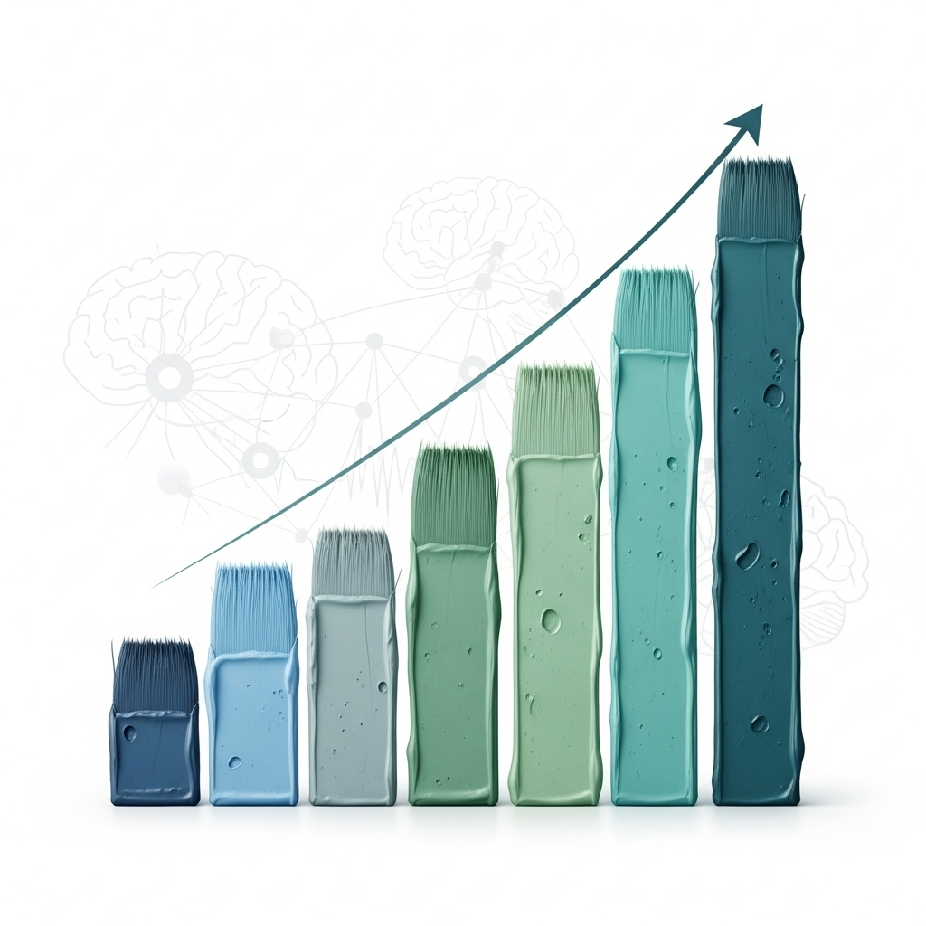 Kunstterapi symboliseret ved 7 blå og turkise søjler der har stigende højde som et søjlediagram.