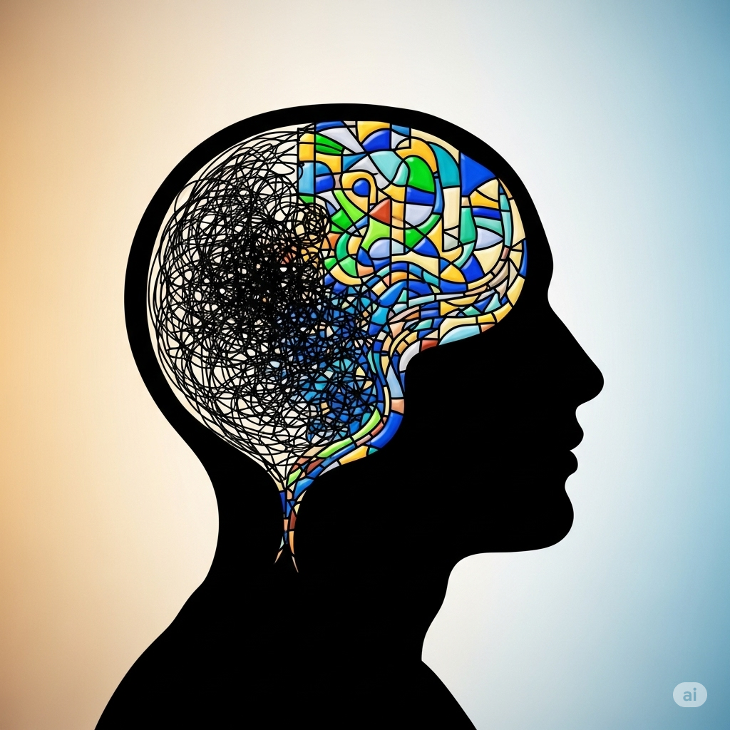 Kunstterapi symboliseret ved silhuet af et hoved, hvor hjernen er vist med farver som mosaik.