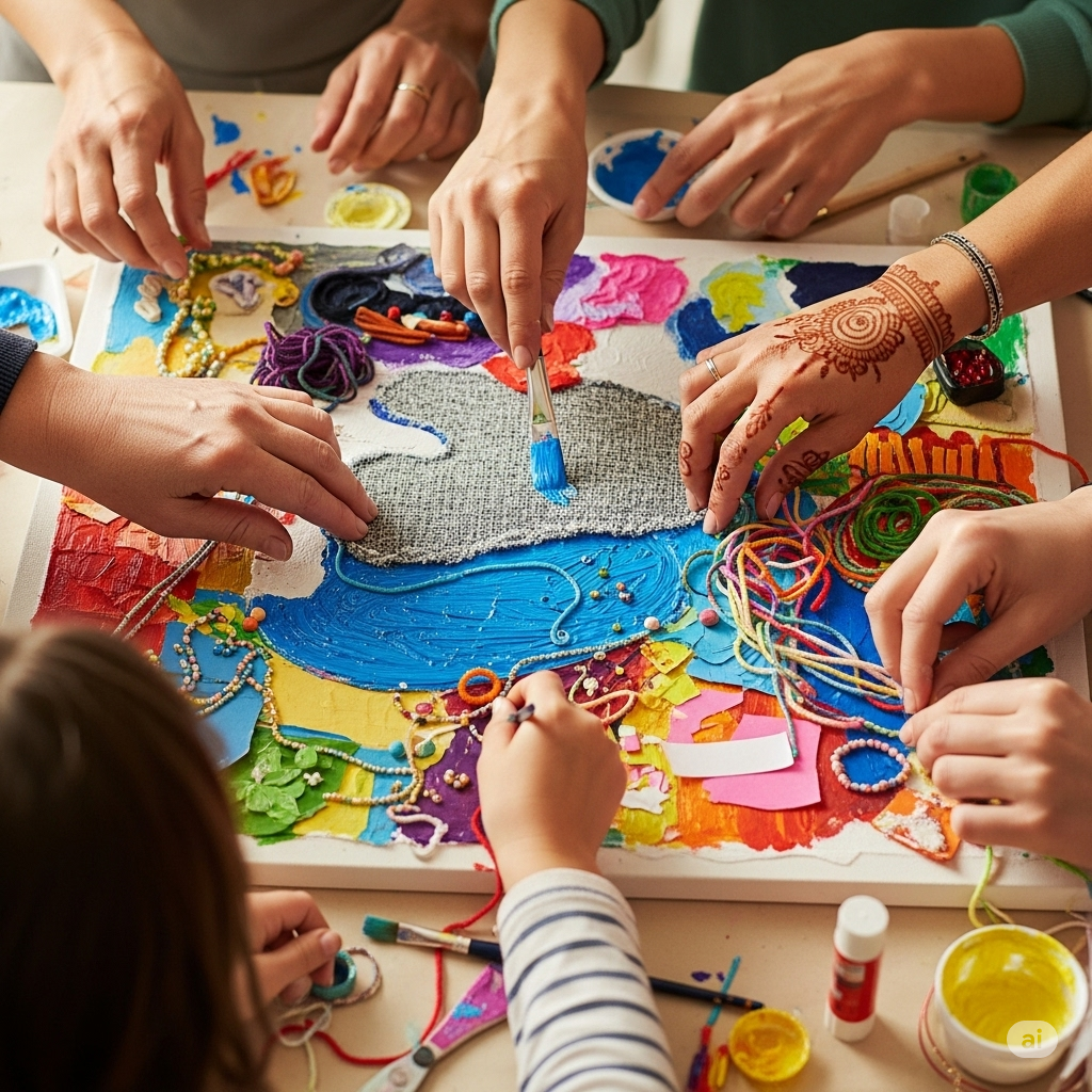 Kunstterapi symboliseret ved en masse hænder der er sammen om at male et billede midt på bordet.