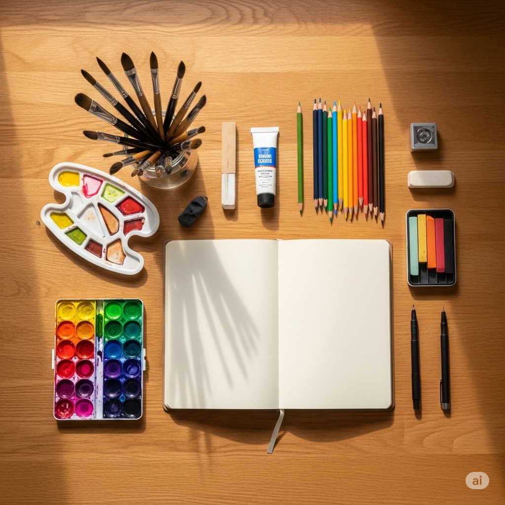 Kunstterapi symboliseret ved samling af papir og forskellige typer farver, pensler mm.