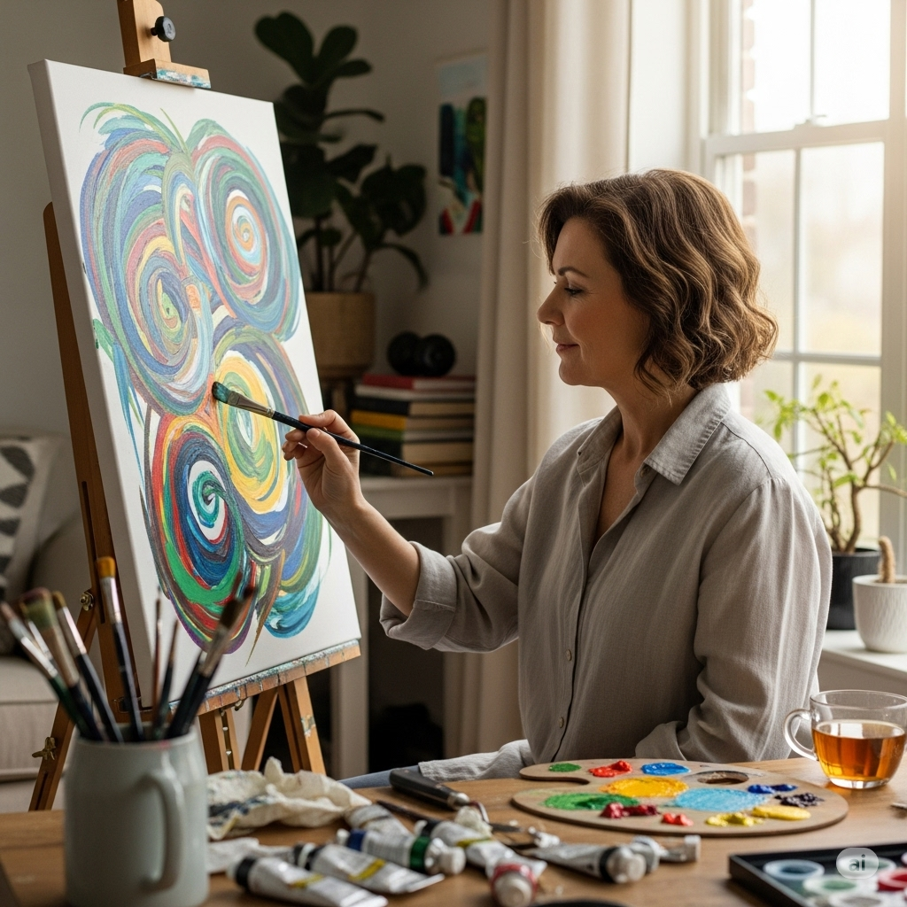 Kunstterapi symboliseret ved en kvinde der sidder foran et bilede på et staffeli. Hun er i gang med at male. Der er et abstrakt figur på lærredet.