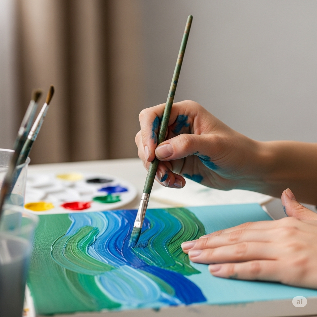 Kunstterapi symboliseret ved en der sidder og maler med pensel. Man ser kun hænderne. Blå og turkise farver på maleriet, der ligger på et bord.