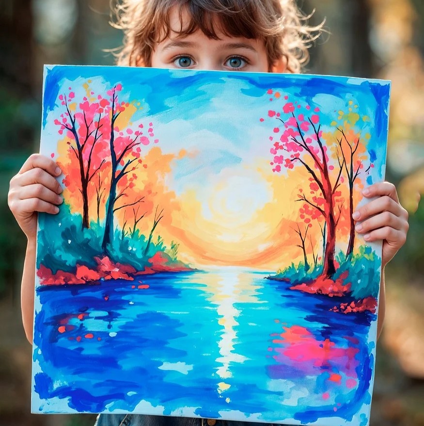 Kunstterapi symboliseret ved et barn der holder et maleri af vand i forgrunden og træer ved siden op foran sig.