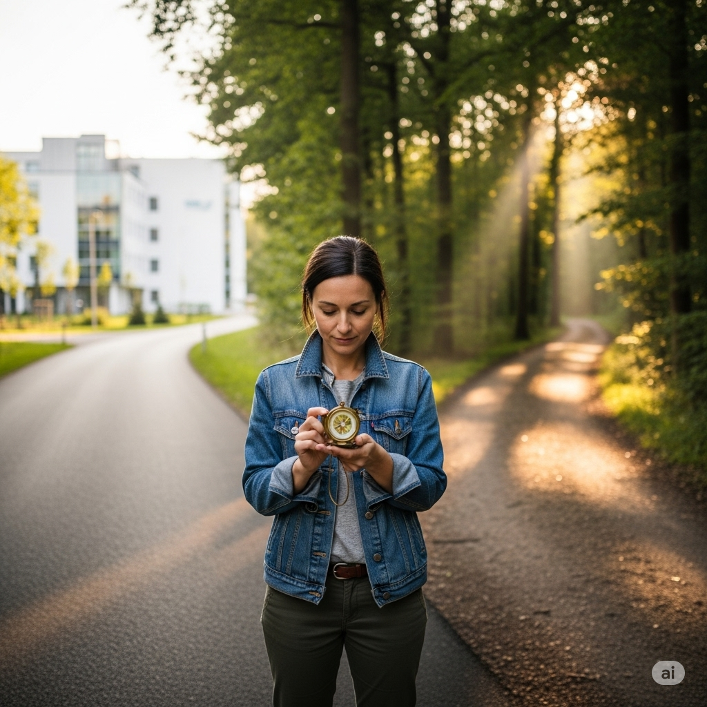 Livskvalitet og medansvar symboliseret ved en kvinde der står med et kompas i hånden foran to veje.