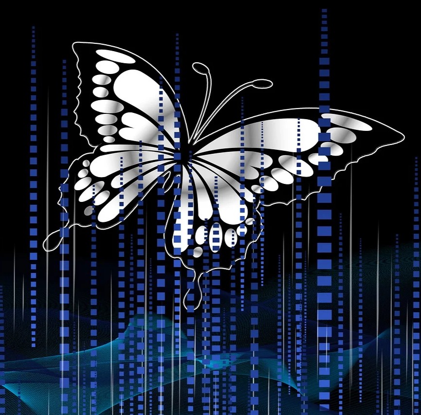 Livskvalitet og medansvar symboliseret ved hvid sommerfugl med sorte tegninger. Baggrund blåt med lysere blå prikker, der danner lodrette streger.