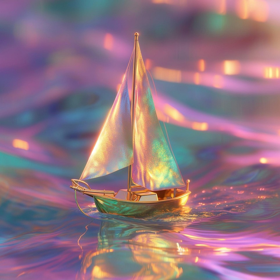 Livskvalitet og medansvar symboliseret ved en sejlskib med baggrund i psykedeliske farver.