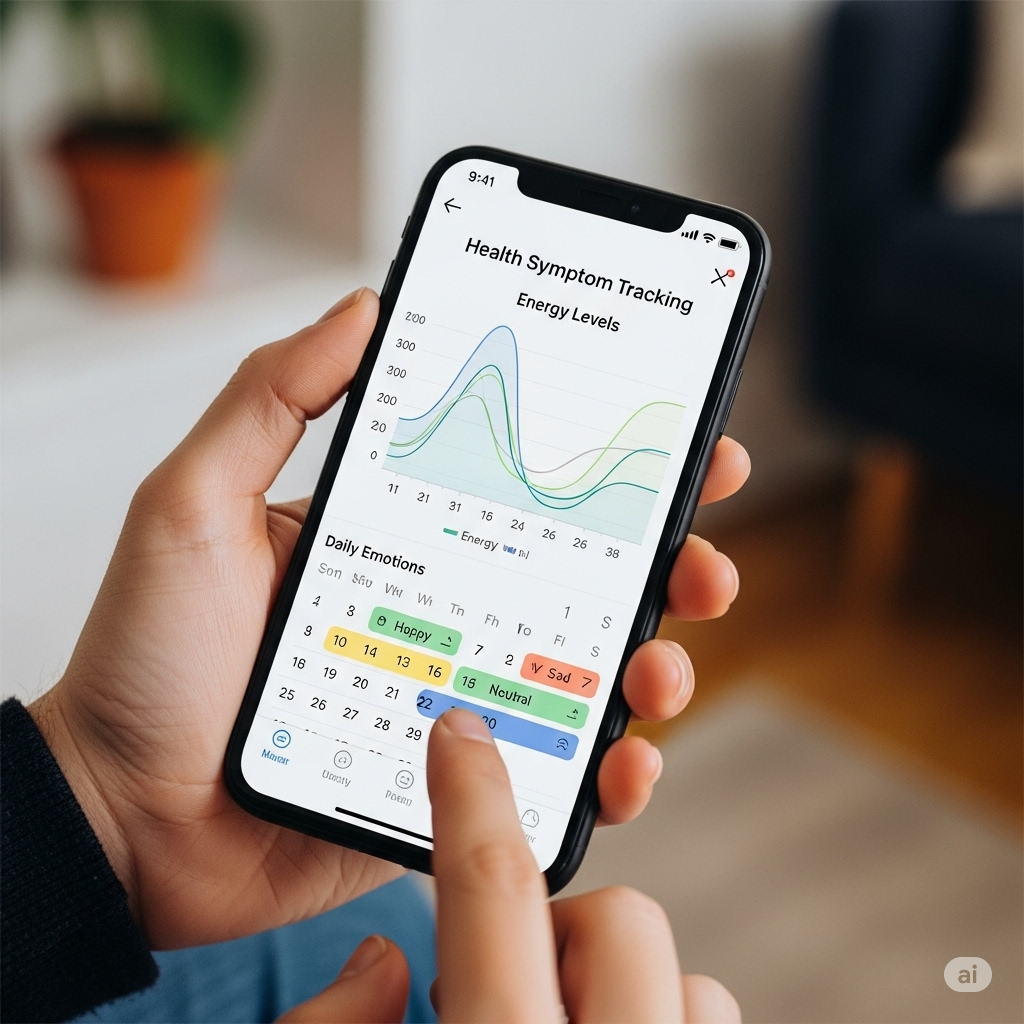 Logbog symboliseret ved et par hænder der holder en mobil, hvor der på skærmen vises en graf og noget tekst.