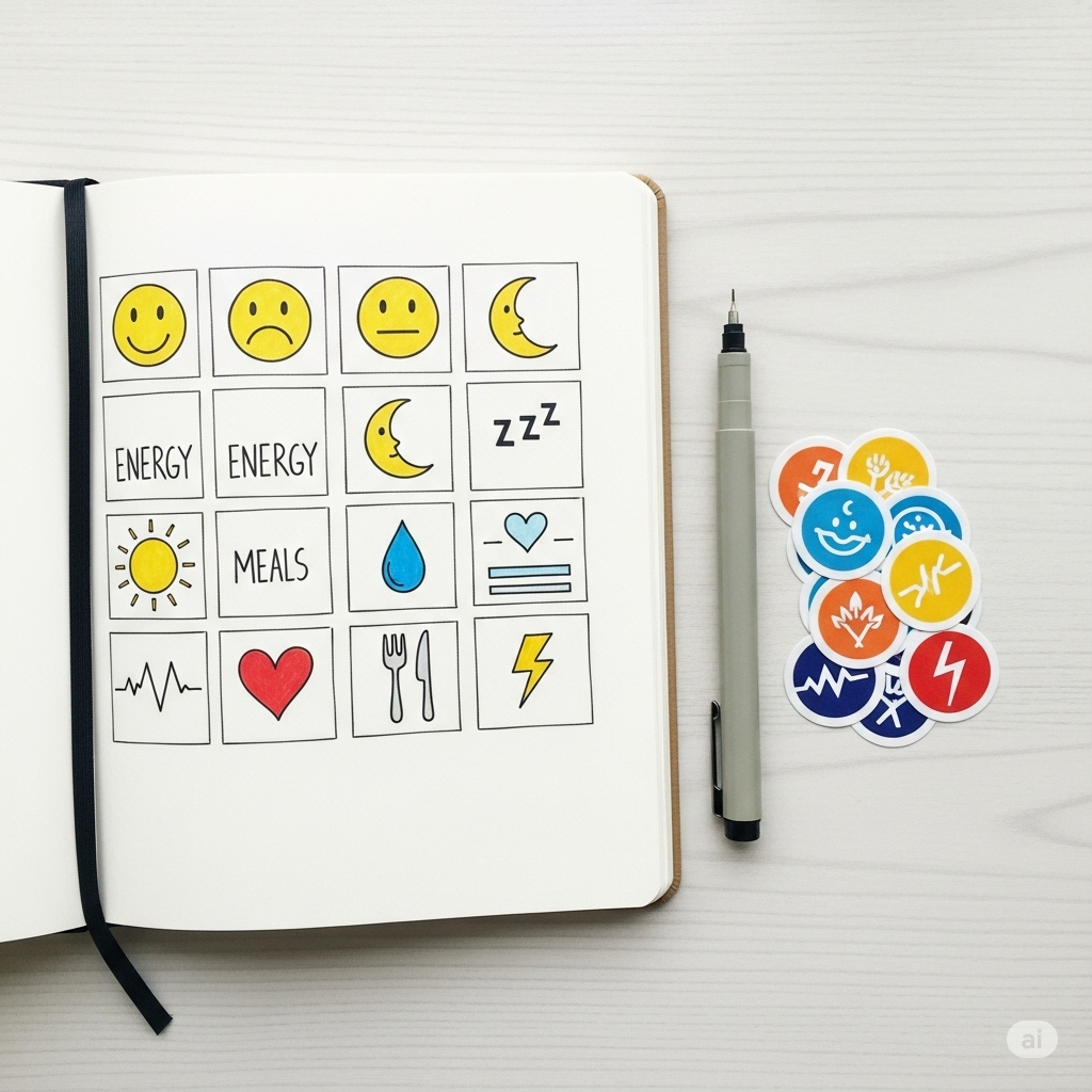 Logbog symboliseret ved opslag i notesbog med forskellige emojis, der viser glæde, tristhed, hjerte, kniv og gaffel mm. Ved siden af en pencil.