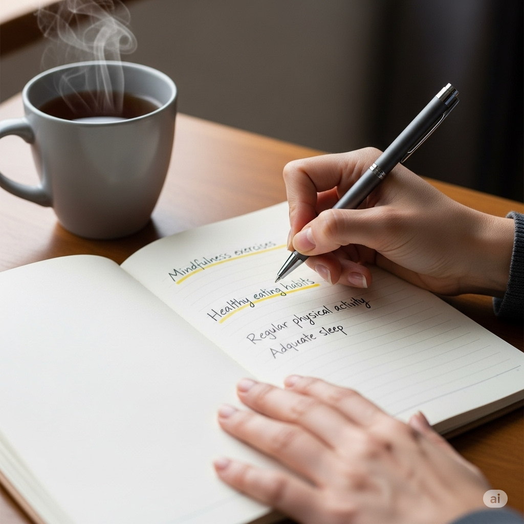 Logbog symboliseret ved en hånd der skriver i en notesbog og en kop kaffe der står på bordet ved siden af.