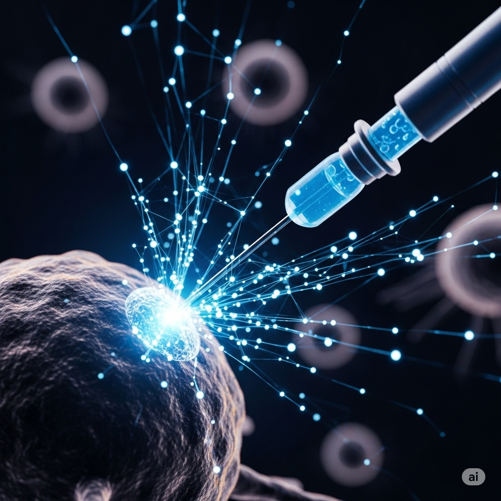 Lokal behandling, global effekt symboliseret ved en lilla tumor der får indsprøjtet et blåt middel. mørk baggrund.