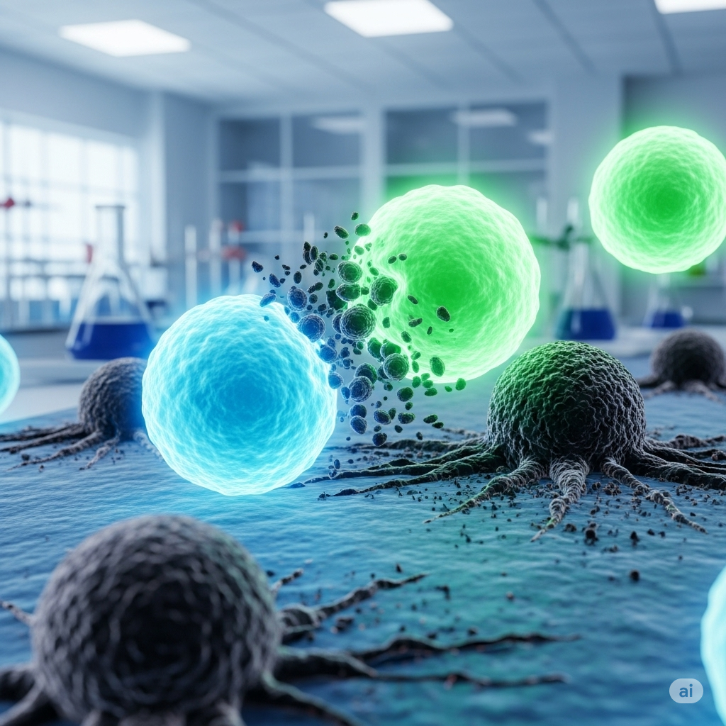 Lokal behandling, global effekt symboliseret ved store kugler i et laboratorie