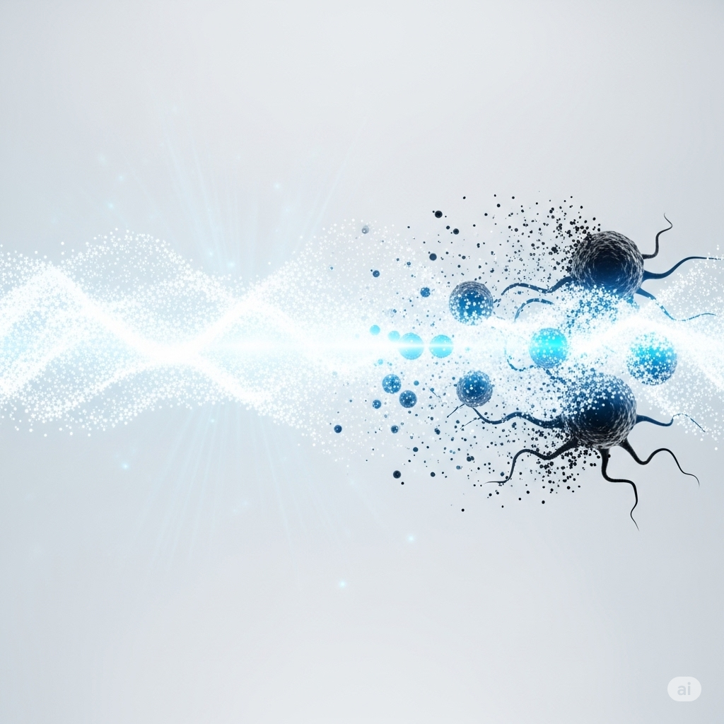 Lokal behandling, global effekt symboliseret ved nogle små sorte kræftceller der angribes af mindre blå og grå celler.