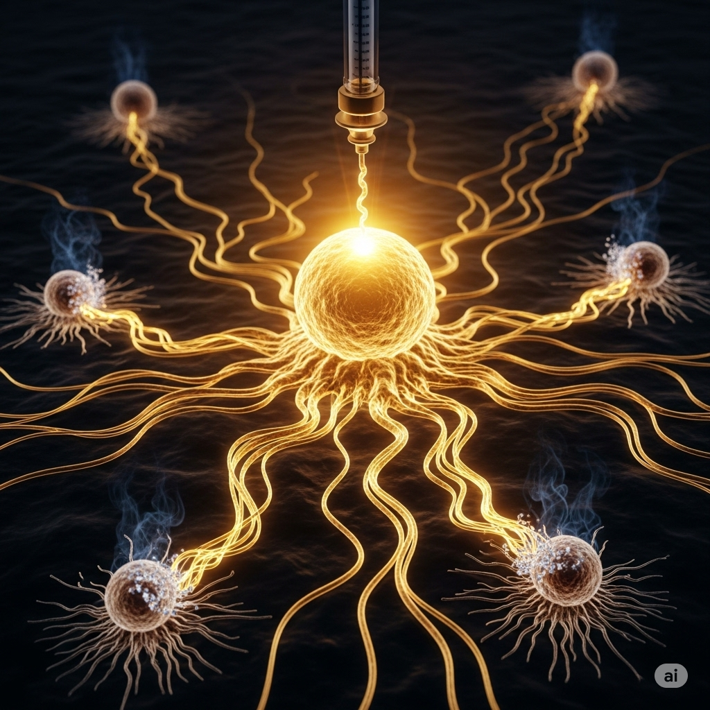 Lokal behandling, global effekt symboliseret ved en lysende celle i midten og fangarme ud til siden. Der sprøjtes noget ind i cellen. Mørk baggrund.