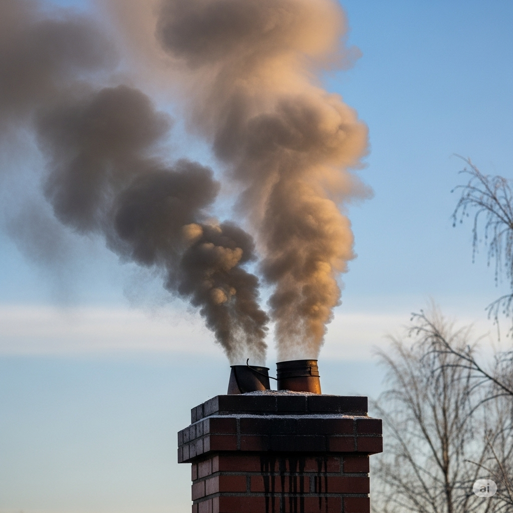 Luftforurening symboliseret ved skorsten med to udledninger. Røg kommer op af begge. Blå himmel.