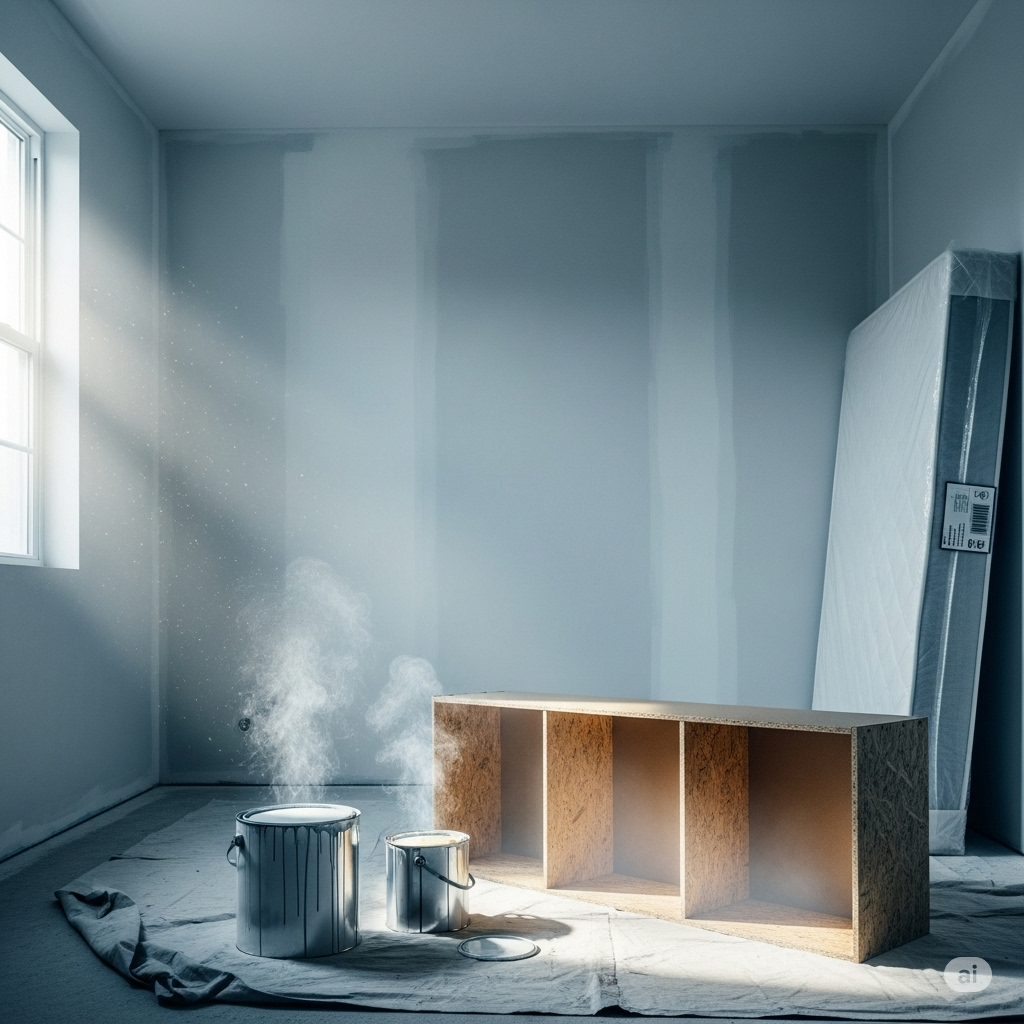 Luftforurening symboliseret ved lyst rum der er under maling. dampe stiger op fra to malingbøtter.