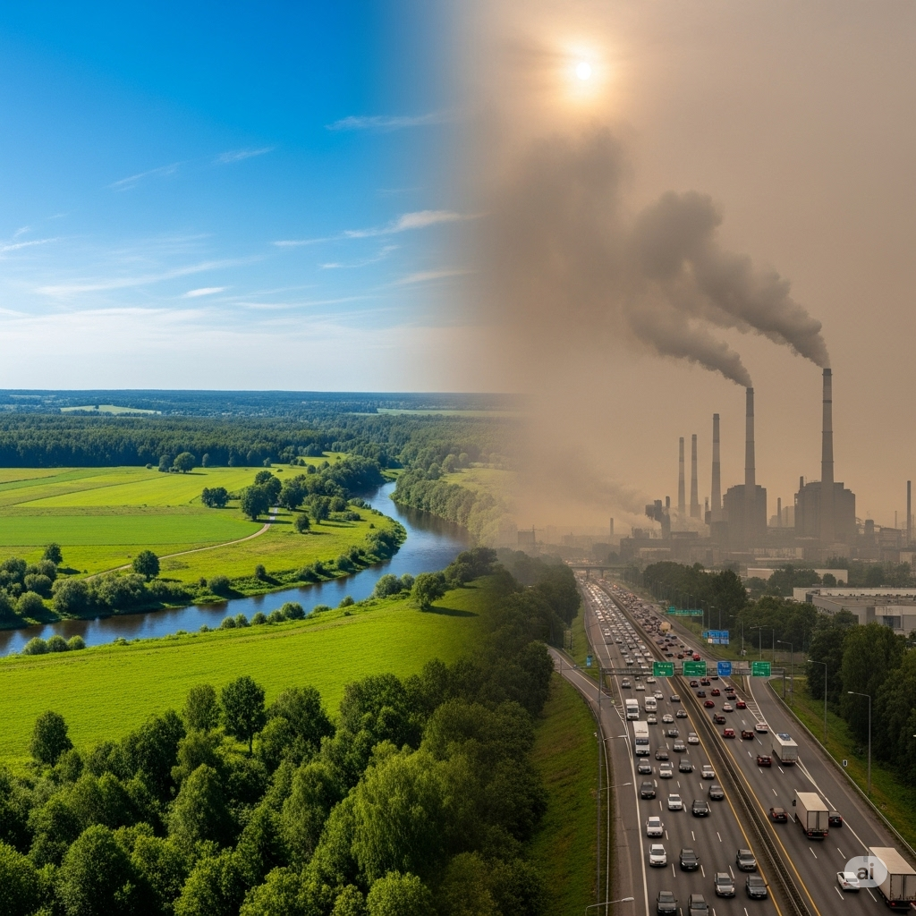 Luftforurening symboliseret ved billede delt lodret. Til venstre grønne marker og blå himmel. Til højre bilfyldt vej og skorstene med rød. Det hele er gråt.