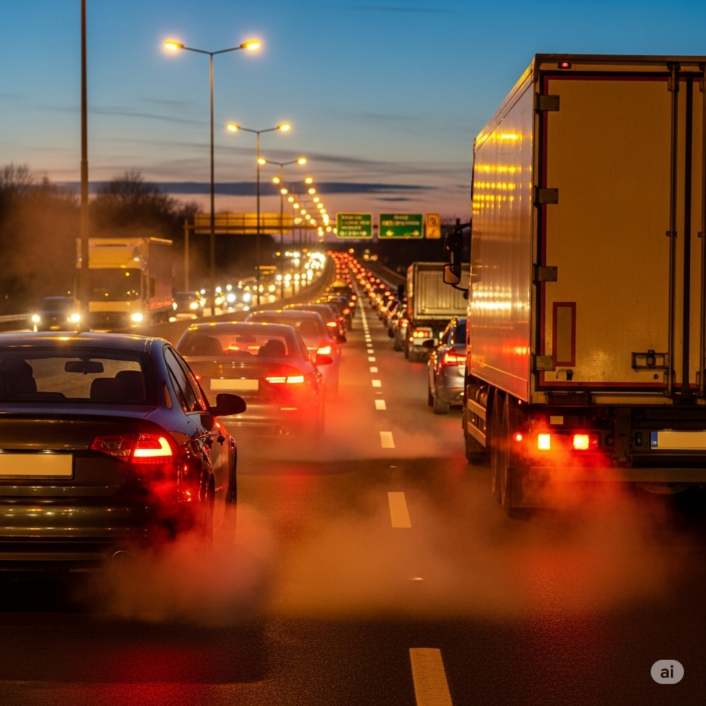 Luftforurening symboliseret ved Motorvej med biler man ser bagfra. Blå himmel.