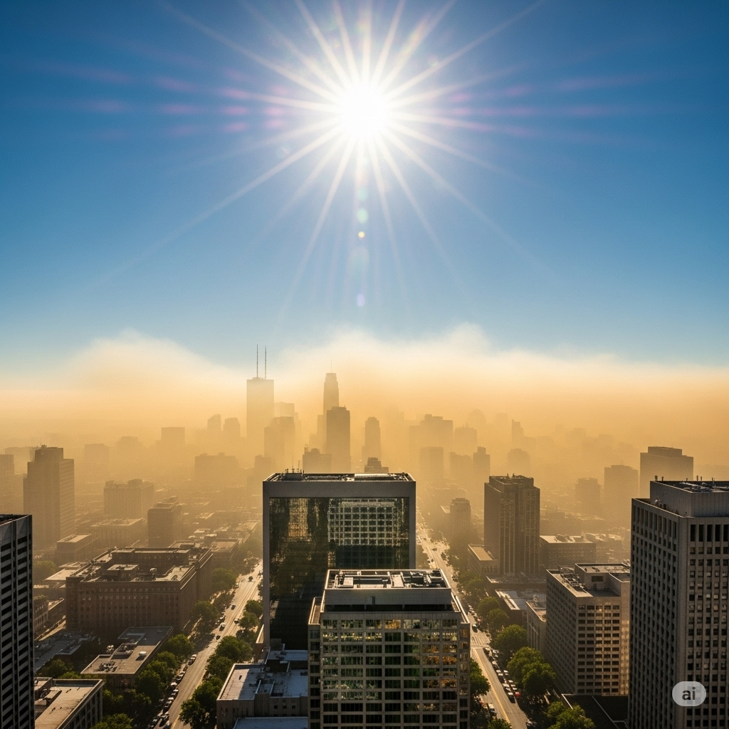 Luftforurening symboliseret ved bygninger og blå himmel med lysende sol der sender stjernestråler ud fra centrum.