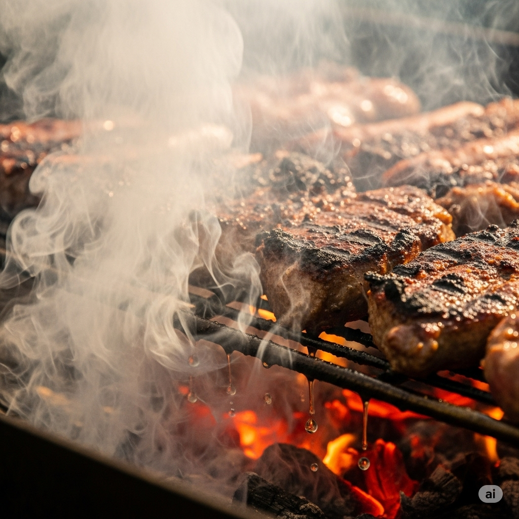 Luftforurening symboliseret ved nærbillede af grill med kød på og glødende kul under risten. Røg stiger op omkring det.
