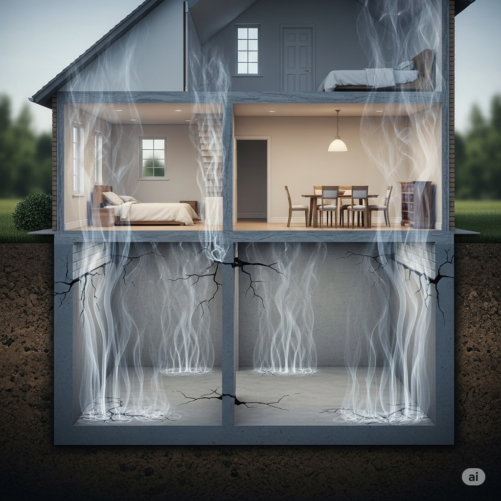 Luftforurening symboliseret ved hus, der er skåret igennem og man ser dampe stige op nedefra.