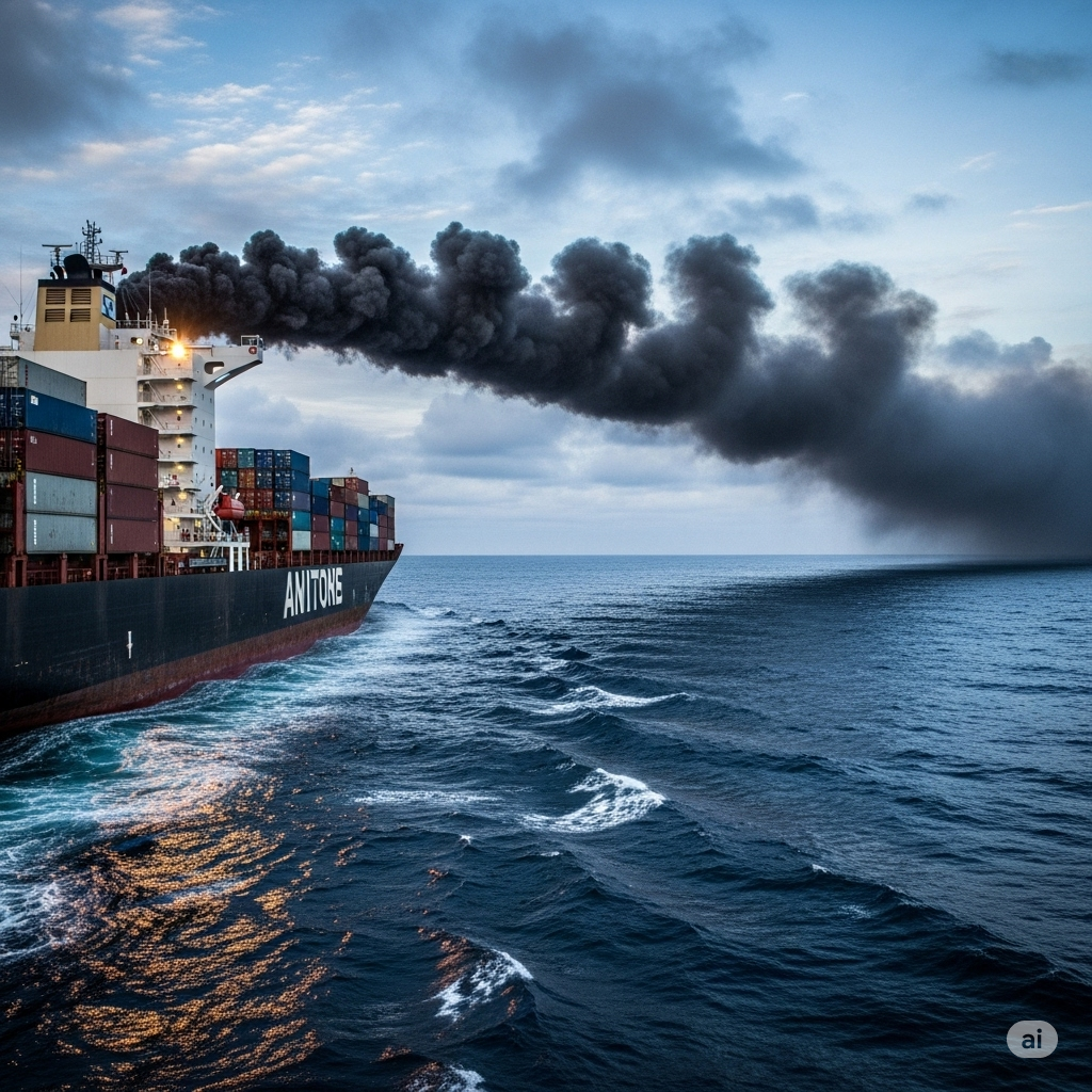 Luftforurening symboliseret ved hav og skbi der sender røg ud.