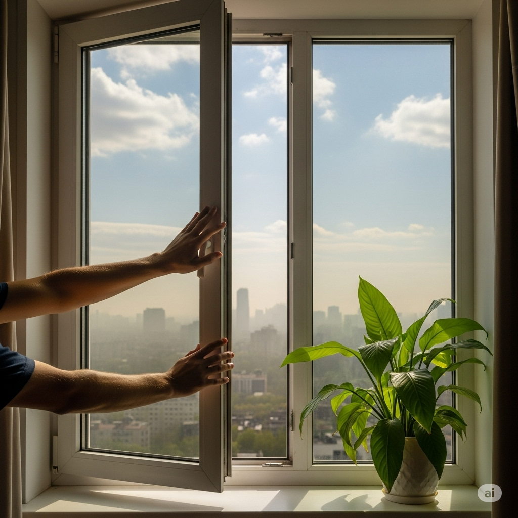 Luftforurening symboliseret ved to kvindearme der åbner et vindue til dagslys. Der står en grøn plante i karmen.