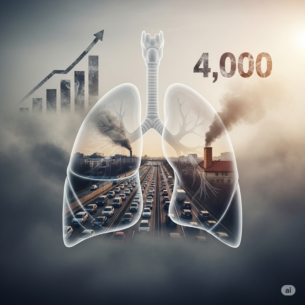 Luftforurening symboliseret ved tegning af et sæt lunger der er halvt fyldt op med forurening. Et søjlediagram i baggrunden og røg fra skorstene. Desuden tallet 4.000.