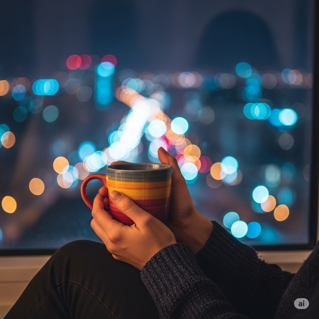 Lys- og støjforurening symboliseret ved hænder der holder en kop varm drik foran sig. I baggrunden ses lys fra en storby.