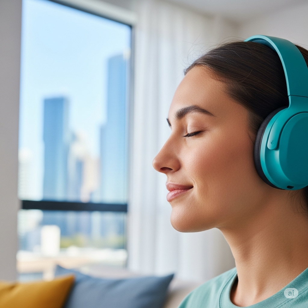 Lys- og støjforurening symboliseret ved kvinde der har høretelefoner på ørene. Hun står med lukkede øjne foran et vindue og ser tilfreds ud.