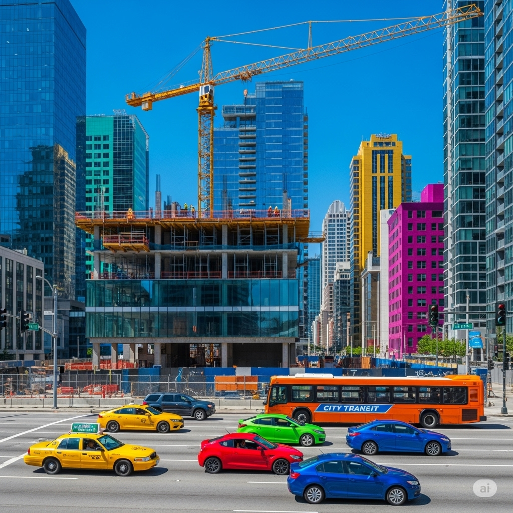 Lys- og støjforurening symboliseret ved gade med højhuse, byggeri og biler der dog er parkeret.