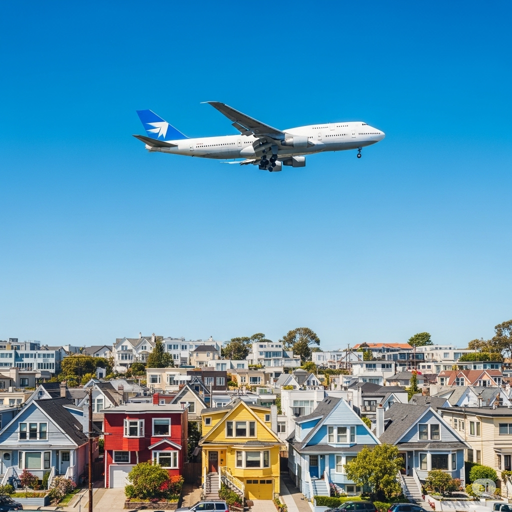 Lys- og støjforurening symboliseret ved et fly over en by.