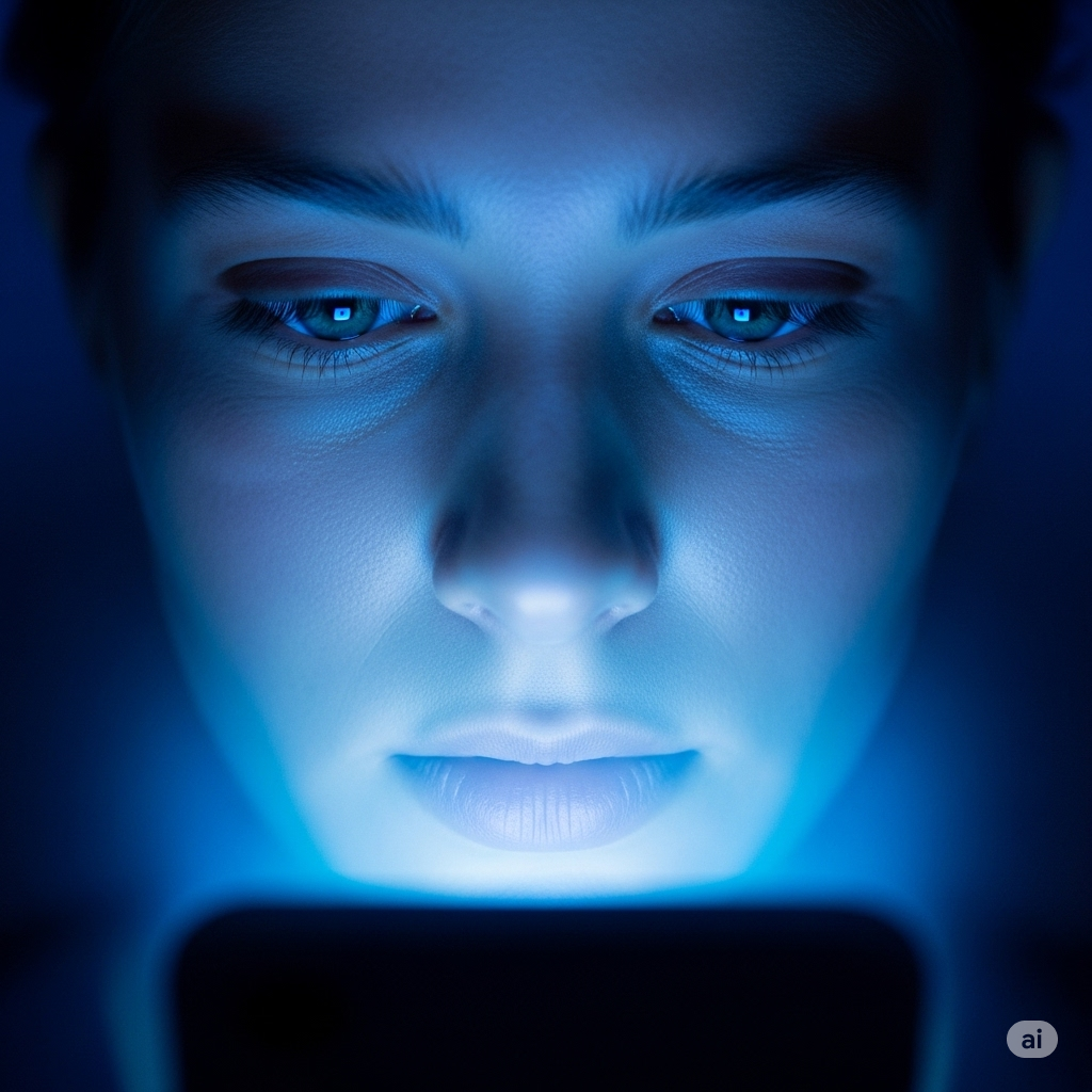 Lys- og støjforurening symboliseret ved kvindeansigt oplyst af blåt lys fra en mobil foran ansigtet.