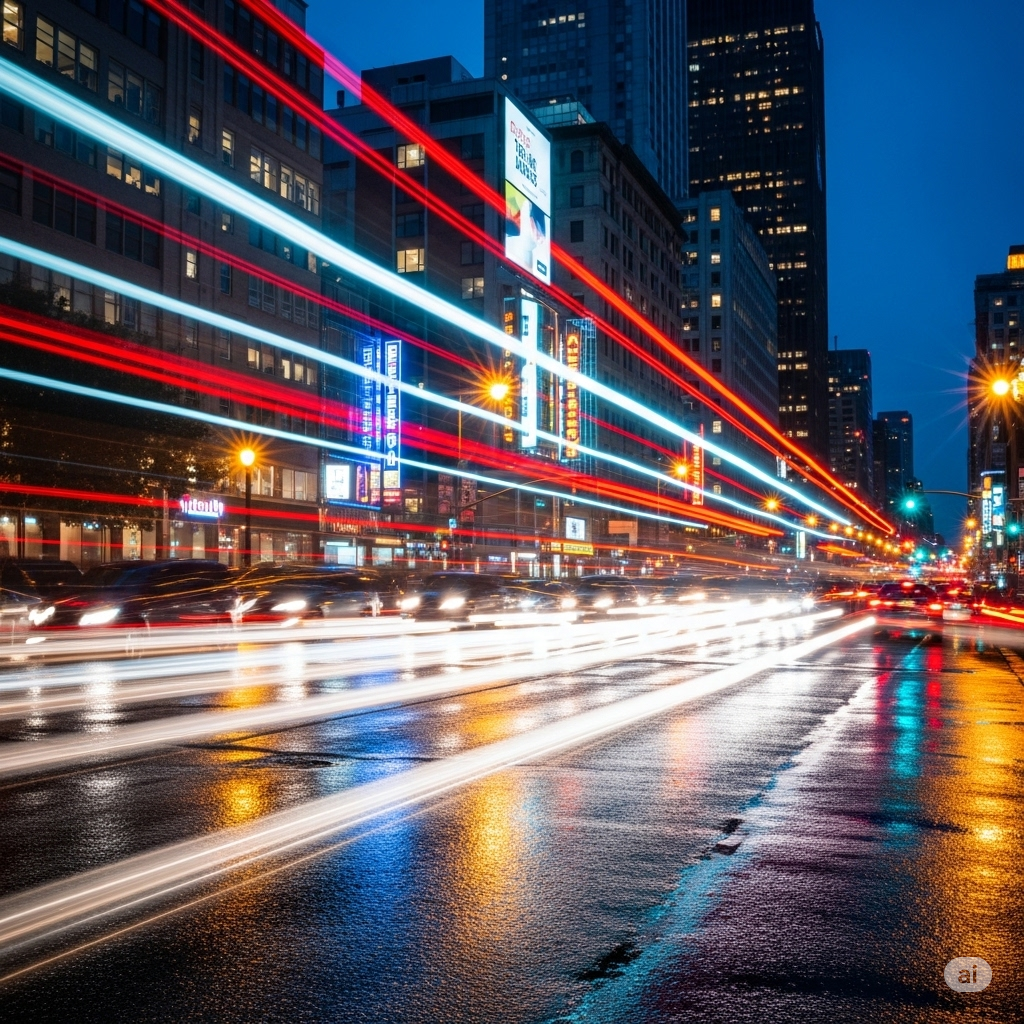 Lys- og støjforurening symboliseret ved en gade med neonskilte og striber af lys fra langsom eksponering af biler på vejen.