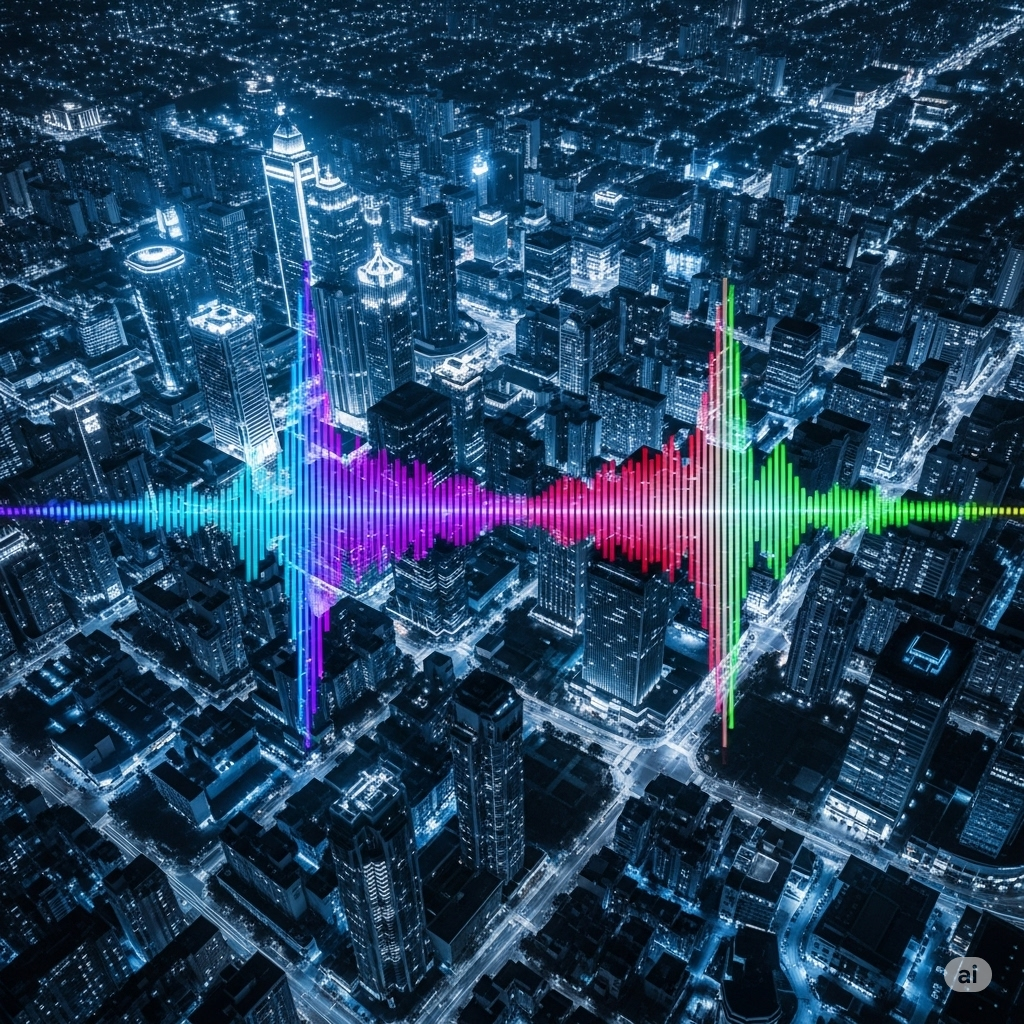 Lys- og støjforurening symboliseret ved lys fra en storby om natten med en lydgraf ind over billedet.