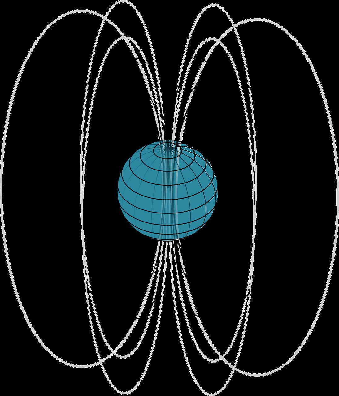 Magnetisk hypertermi symboliseret ved blå jordklode i midten og omkring denne nogle hvide cirkulære streger  der enden i nord- og sydpol. Sort baggrund.