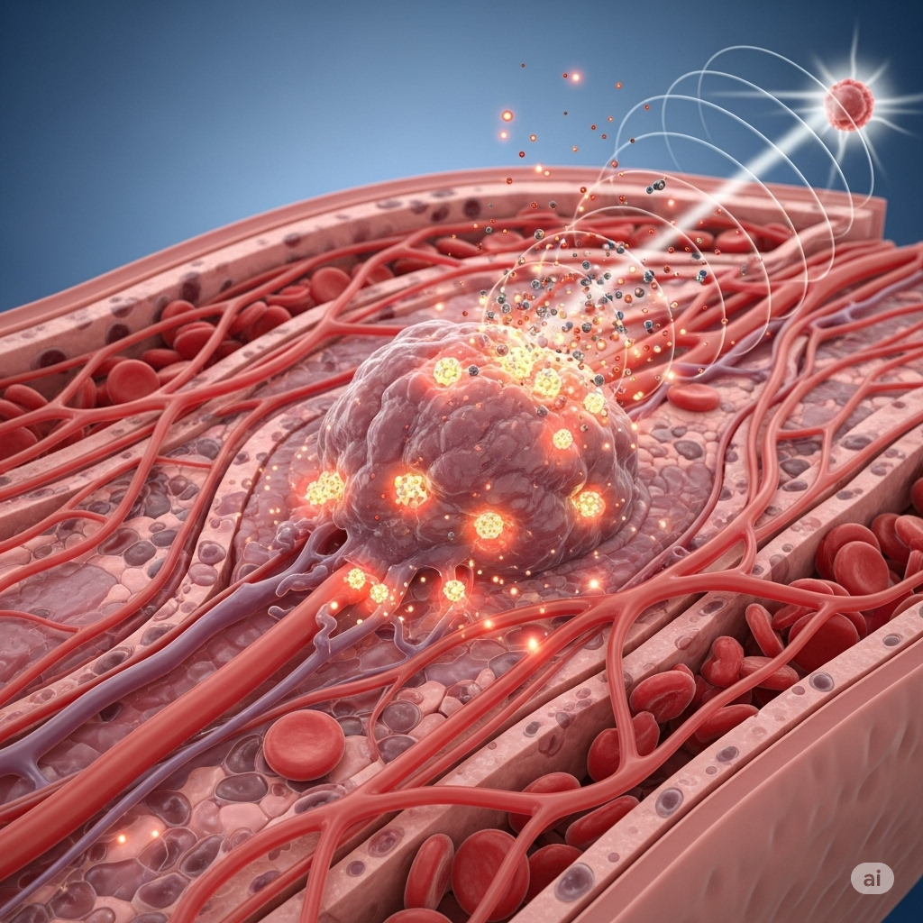 Magnetisk hypertermi symboliseret ved en stråle, der er rettet mod en celle i noget hudfarvet struktur med model af blodårer mm. Blå baggrund.