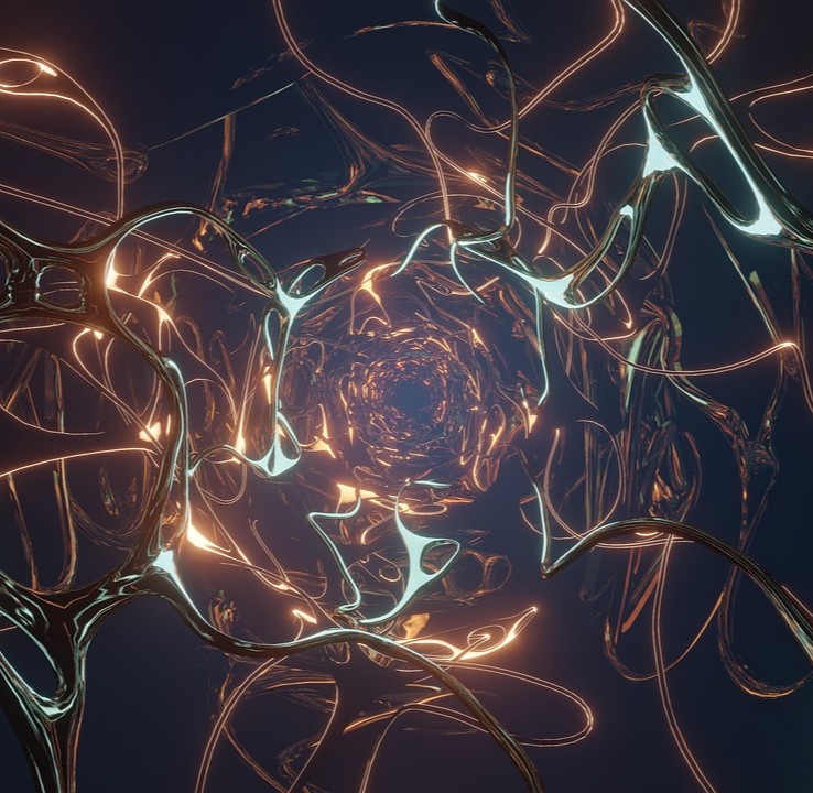 Magnetisk hypertermi symboliseret ved virvar af blå og lysgullige streger i forvirret mønster. Sort baggrund.