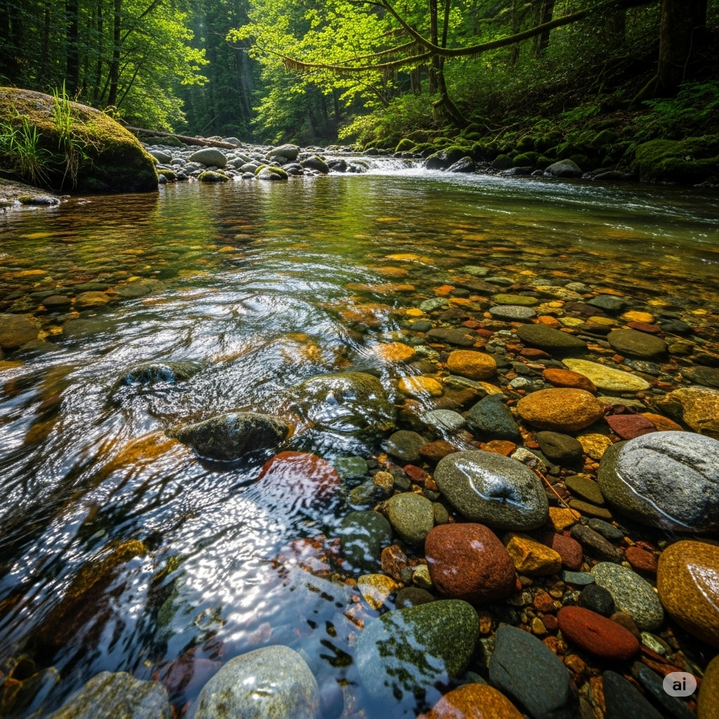 Mikroplast symboliseret ved en å, hvor der løber helt klart vand, der må formodes at være rent og fri for plast. Mindre sten på bunden ses tydeligt.